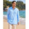 COOFANDY Men’s Linen Henley Shirts Long Sleeve Collarless T-Shirts Longline Kurta Beach Shirts with Pocket(Light Blue)