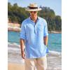 COOFANDY Men’s Linen Henley Shirts Long Sleeve Collarless T-Shirts Longline Kurta Beach Shirts with Pocket(Light Blue)