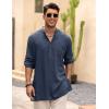 COOFANDY Men’s Linen Henley Shirts Long Sleeve Collarless T-Shirts Longline Kurta Beach Shirts with Pocket(Navy Blue)