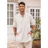 COOFANDY Men’s Linen Henley Shirts Long Sleeve Collarless T-Shirts Longline Kurta Beach Shirts with Pocket(White)