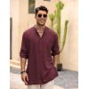 COOFANDY Men’s Linen Henley Shirts Long Sleeve Collarless T-Shirts Longline Kurta Beach Shirts with Pocket(Wine Red)