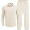 COOFANDY Mens Linen Sets 2 Piece Long Sleeve Button Down Cuban Shirt and Pants Set Summer Beach Set Outfits(Beige)