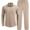 COOFANDY Mens Linen Sets 2 Piece Long Sleeve Button Down Cuban Shirt and Pants Set Summer Beach Set Outfits(Khaki)