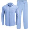 COOFANDY Mens Linen Sets 2 Piece Long Sleeve Button Down Cuban Shirt and Pants Set Summer Beach Set Outfits(Light Blue)