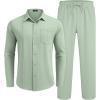 COOFANDY Mens Linen Sets 2 Piece Long Sleeve Button Down Cuban Shirt and Pants Set Summer Beach Set Outfits(Light Green)