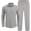 COOFANDY Mens Linen Sets 2 Piece Long Sleeve Button Down Cuban Shirt and Pants Set Summer Beach Set Outfits(Light Grey)