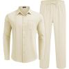 COOFANDY Mens Linen Sets 2 Piece Long Sleeve Button Down Cuban Shirt and Pants Set Summer Beach Set Outfits(Light Khaki)