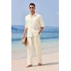 COOFANDY Mens Linen Sets 2 Piece Long Sleeve Button Down Cuban Shirt and Pants Set Summer Beach Set Outfits(Light Khaki)