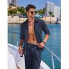COOFANDY Mens Linen Sets 2 Piece Long Sleeve Button Down Cuban Shirt and Pants Set Summer Beach Set Outfits(Navy Blue)