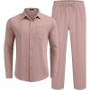 COOFANDY Mens Linen Sets 2 Piece Long Sleeve Button Down Cuban Shirt and Pants Set Summer Beach Set Outfits(Pink)