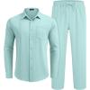 COOFANDY Mens Linen Sets 2 Piece Long Sleeve Button Down Cuban Shirt and Pants Set Summer Beach Set Outfits(Sky Blue)