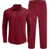 COOFANDY Mens Linen Sets 2 Piece Long Sleeve Button Down Cuban Shirt and Pants Set Summer Beach Set Outfits(Wine Red)