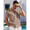 COOFANDY Men’s Short Sleeve Knit Shirt Casual Button Down Shirt Vintage Striped Knitted Golf Beach Tops(Dark Beige)