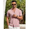 COOFANDY Men’s Short Sleeve Knit Shirt Casual Button Down Shirt Vintage Striped Knitted Golf Beach Tops(Light Pink)