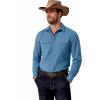 COOFANDY Mens Western Cowboy Shirt Long Sleeve Cotton Button Down Work Shirts with Pockets(Light Blue)
