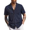COOFANDY Men’s Wrinkle Free Untucked Cuban Shirt Business Casual Button Down Shirts Short Sleeve Shirt(Dark Blue)