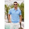COOFANDY Men’s Zipper Polo Shirt Casual Knit Short Sleeve Polo T Shirt Classic Fit Shirts(Light Blue White Striped)