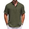 COOFANDY Henley Shirts for Men Short Sleeve Band Collar Casual Shirt Summer Hippie Vacation Beach T Shirts with Pocket(Army Green)