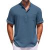 COOFANDY Henley Shirts for Men Short Sleeve Band Collar Casual Shirt Summer Hippie Vacation Beach T Shirts with Pocket(Blue)