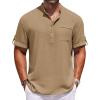 COOFANDY Henley Shirts for Men Short Sleeve Band Collar Casual Shirt Summer Hippie Vacation Beach T Shirts with Pocket(Khaki)