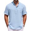 COOFANDY Henley Shirts for Men Short Sleeve Band Collar Casual Shirt Summer Hippie Vacation Beach T Shirts with Pocket(Light Blue)