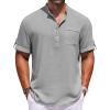 COOFANDY Henley Shirts for Men Short Sleeve Band Collar Casual Shirt Summer Hippie Vacation Beach T Shirts with Pocket(Light Grey)