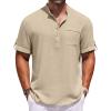 COOFANDY Henley Shirts for Men Short Sleeve Band Collar Casual Shirt Summer Hippie Vacation Beach T Shirts with Pocket(Light Khaki)