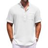 COOFANDY Henley Shirts for Men Short Sleeve Band Collar Casual Shirt Summer Hippie Vacation Beach T Shirts with Pocket(White)