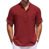 COOFANDY Henley Shirts for Men Short Sleeve Band Collar Casual Shirt Summer Hippie Vacation Beach T Shirts with Pocket(Wine Red)
