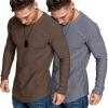 COOFANDY Men 2 Pack Muscle Fitted T Shirt Gym Workout Athletic Long Sleeves Tee(Dark Gery and Brown)