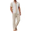 COOFANDY Men 2 Piece Linen Outfit Beach Button Down Shirt Casual Loose Pant Sets(Khaki Patchwork White Shirt/Khaki Pants)