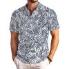 COOFANDY Men Casual Henley Tee Shirt Short Sleeve Band Collar Summer Beach Textured T-Shirt(Deep Blue Plam Leaf)