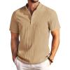 COOFANDY Men Casual Henley Tee Shirt Short Sleeve Band Collar Summer Beach Textured T-Shirt(Khaki)