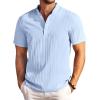 COOFANDY Men Casual Henley Tee Shirt Short Sleeve Band Collar Summer Beach Textured T-Shirt(Light Blue)