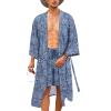 COOFANDY Men Lightweight 2 Piece Kimono Robe with Shorts Japanese Robes Casual Open Front Long Cardigan With Belt(Navy Blue(plaid))