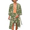 COOFANDY Men Lightweight 2 Piece Kimono Robe with Shorts Japanese Robes Casual Open Front Long Cardigan With Belt(White(leaves))