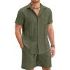 COOFANDY Men Linen Sets Outfits 2 Piece Short Sleeve Cuban Shirts Guayabera Linen Suit(Army Green)
