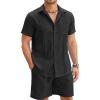 COOFANDY Men Linen Sets Outfits 2 Piece Short Sleeve Cuban Shirts Guayabera Linen Suit(Black)