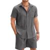 COOFANDY Men Linen Sets Outfits 2 Piece Short Sleeve Cuban Shirts Guayabera Linen Suit(Dark Gray)