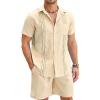 COOFANDY Men Linen Sets Outfits 2 Piece Short Sleeve Cuban Shirts Guayabera Linen Suit(Khaki)