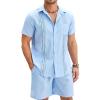 COOFANDY Men Linen Sets Outfits 2 Piece Short Sleeve Cuban Shirts Guayabera Linen Suit(Light Blue)