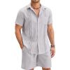COOFANDY Men Linen Sets Outfits 2 Piece Short Sleeve Cuban Shirts Guayabera Linen Suit(Light Gray)