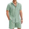 COOFANDY Men Linen Sets Outfits 2 Piece Short Sleeve Cuban Shirts Guayabera Linen Suit(Light Green)