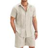 COOFANDY Men Linen Sets Outfits 2 Piece Short Sleeve Cuban Shirts Guayabera Linen Suit(Light Khaki)