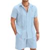 COOFANDY Men Linen Sets Outfits 2 Piece Short Sleeve Cuban Shirts Guayabera Linen Suit(Sky Blue)