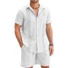 COOFANDY Men Linen Sets Outfits 2 Piece Short Sleeve Cuban Shirts Guayabera Linen Suit(White)