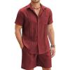 COOFANDY Men Linen Sets Outfits 2 Piece Short Sleeve Cuban Shirts Guayabera Linen Suit(Wine Red)