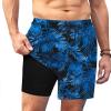 COOFANDY Men Swim Trunk with Compression Liner 2 in 1 Swimwear Bathing Suit Quick Dry Board Short(P Blue Leaves)