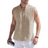 COOFANDY Men Tank Top Cotton Linen Beach Sleeveless Shirt Lace Up Bohemian Hippie Renaissance Pirate Kilt Medieval Tunic(Khaki)
