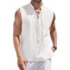 COOFANDY Men Tank Top Cotton Linen Beach Sleeveless Shirt Lace Up Bohemian Hippie Renaissance Pirate Kilt Medieval Tunic(White)